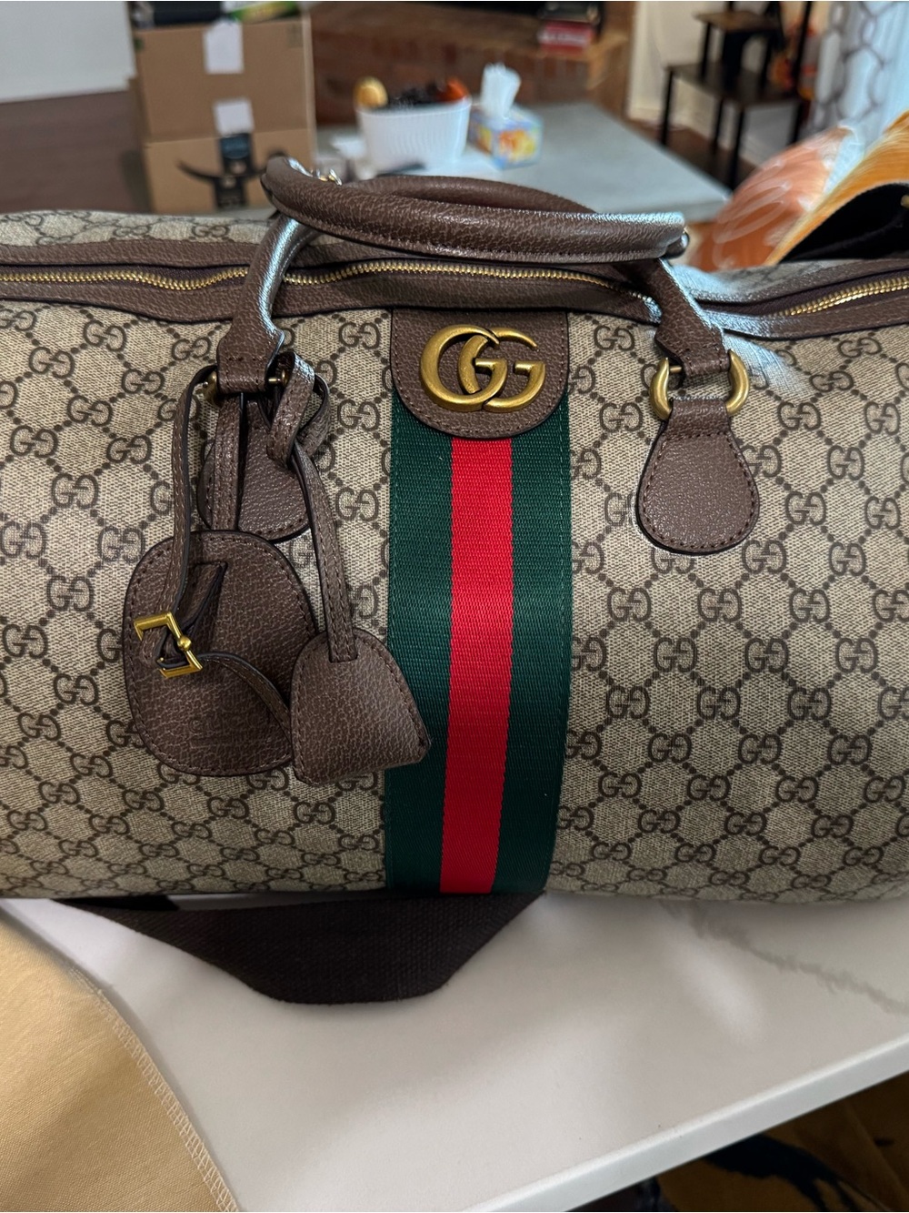 Gucci Brown GG Supreme Canvas Duffel with Green-Red Web Stripe